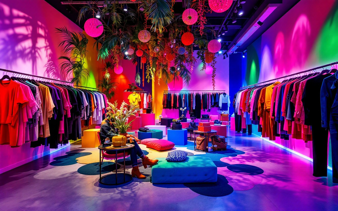 Une salle d'exposition de mode vibrante avec des pr&eacute;sentations de v&ecirc;tements color&eacute;s, mettant en valeur des tenues tendances dans un environnement moderne et accueillant.