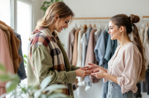 une-styliste-de-mode-discute-des-tendances-avec-un-client-dans-une-boutique-elegante-entouree-de-vetements-et-daccessoires