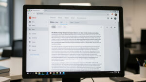 Capture éditoriale documentaire d’un écran d’ordinateur montrant une interface de page en ligne avec un onglet historique bien visible, éclairage sobre et couleurs gris neutres.