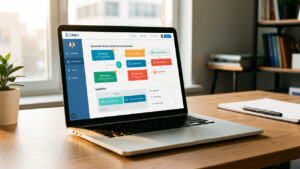 Espace de travail moderne d’une agence web avec un ordinateur affichant une interface abstraite de CRM et un parcours de devis organisé.