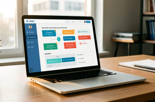 Espace de travail moderne d’une agence web avec un ordinateur affichant une interface abstraite de CRM et un parcours de devis organisé.