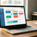 Espace de travail moderne d’une agence web avec un ordinateur affichant une interface abstraite de CRM et un parcours de devis organisé.