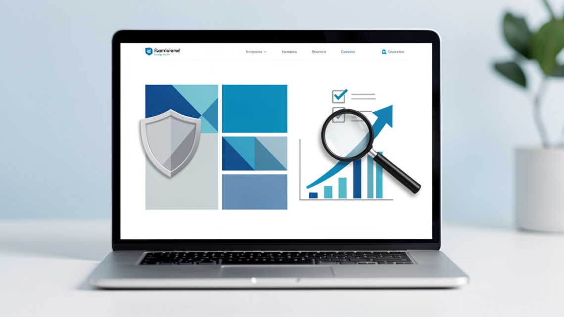 Ordinateur portable présentant une refonte de site abstraite, accompagné d’un bouclier et d’éléments symbolisant la protection du référencement