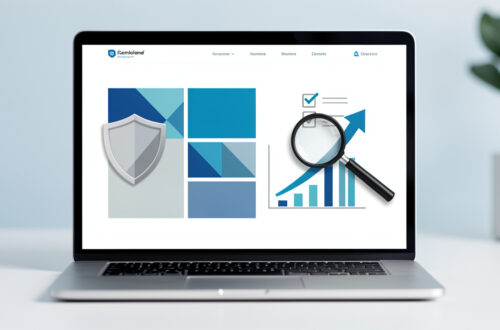 Ordinateur portable présentant une refonte de site abstraite, accompagné d’un bouclier et d’éléments symbolisant la protection du référencement