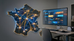 Carte stylisée de la France reliant plusieurs villes à une rédaction locale, accompagnée d’un écran affichant une interface abstraite de résultats de recherche dans une ambiance professionnelle.