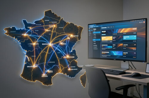 Carte stylisée de la France reliant plusieurs villes à une rédaction locale, accompagnée d’un écran affichant une interface abstraite de résultats de recherche dans une ambiance professionnelle.