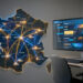 Carte stylisée de la France reliant plusieurs villes à une rédaction locale, accompagnée d’un écran affichant une interface abstraite de résultats de recherche dans une ambiance professionnelle.