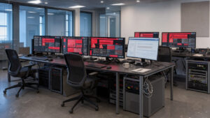 Salle de supervision moderne d’une agence web, avec plusieurs écrans montrant des interfaces abstraites d’alerte de sécurité et de maintenance, dans une ambiance professionnelle aux lumières bleues et rouges.