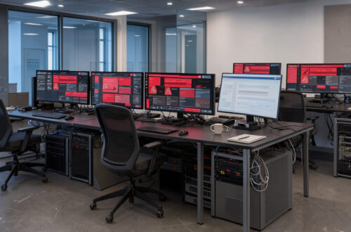 Salle de supervision moderne d’une agence web, avec plusieurs écrans montrant des interfaces abstraites d’alerte de sécurité et de maintenance, dans une ambiance professionnelle aux lumières bleues et rouges.