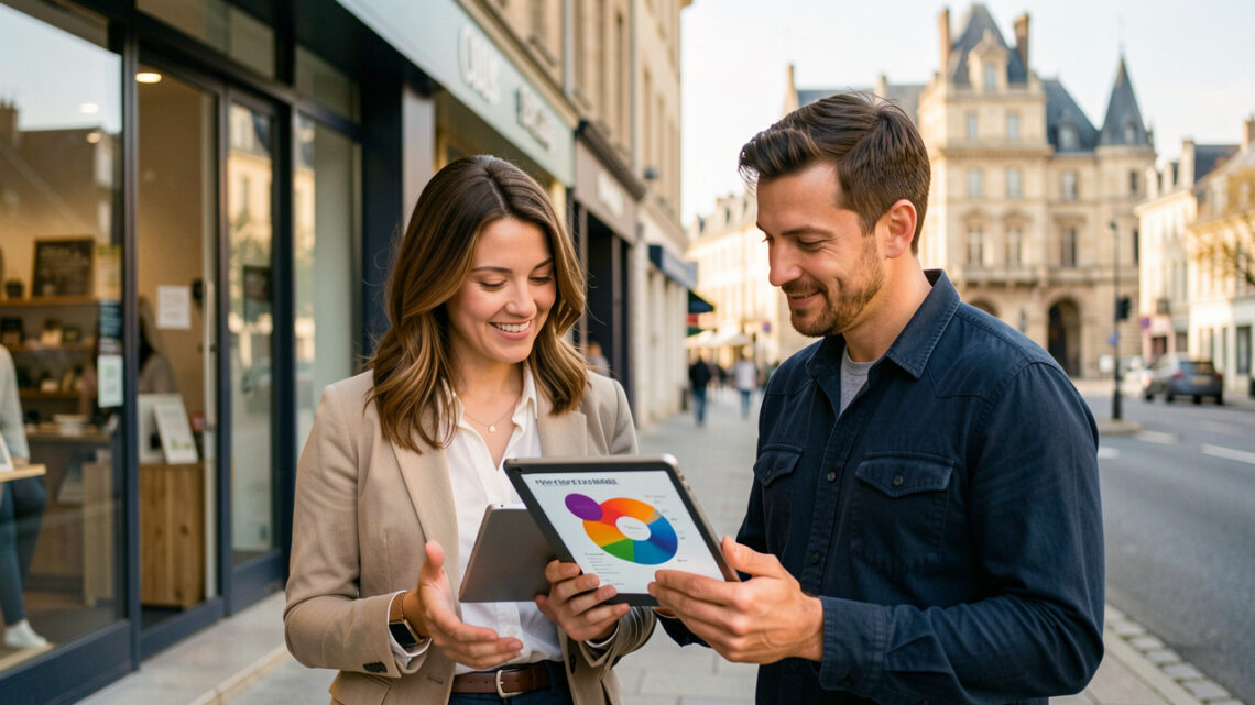 Une commerçante et un consultant en marketing analysent des données abstraites devant une boutique et un paysage urbain inspiré d’Angers.