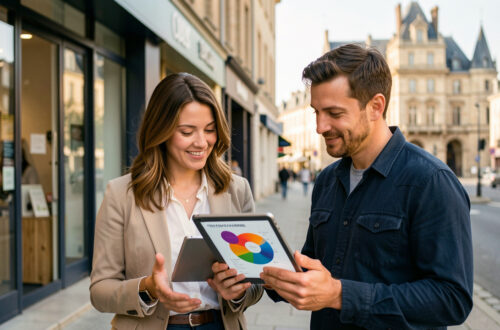 Une commerçante et un consultant en marketing analysent des données abstraites devant une boutique et un paysage urbain inspiré d’Angers.